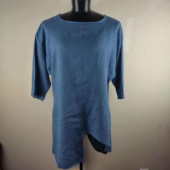 Lin Nature size 44 Linen Tunic Top Asymmetrical Hem dusty blue Made in Italy - Picture 1 of 7